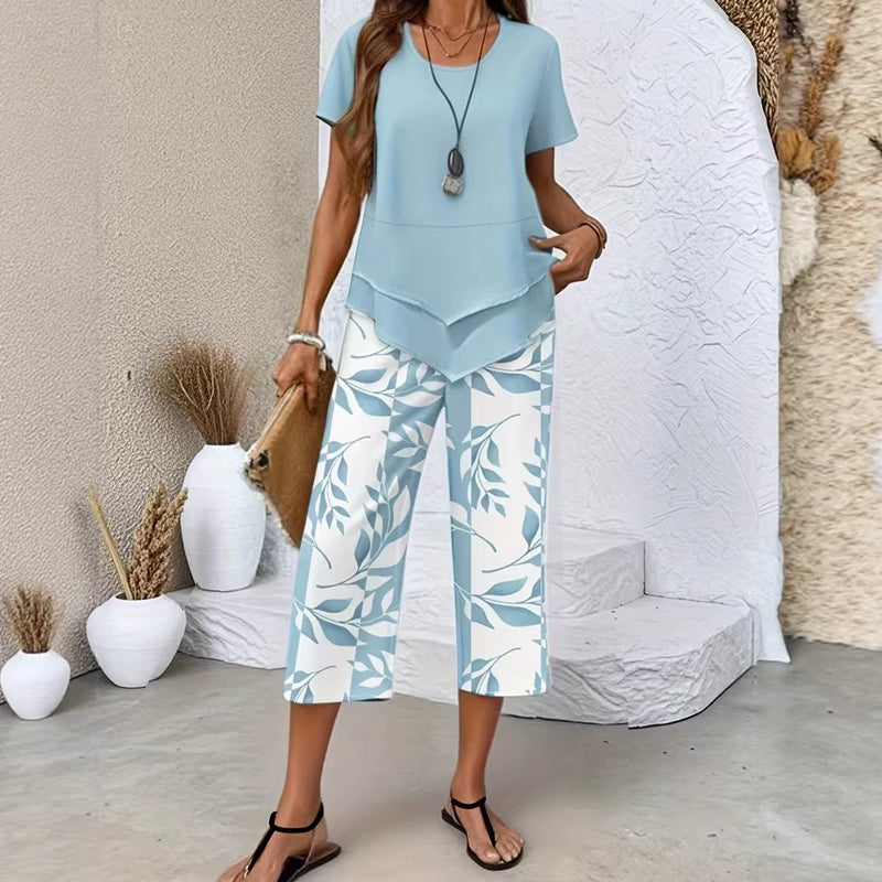 🔥Women's 2-Piece Set – Layered Asymmetrical Tunic Top & Printed Wide Leg Pants, Breathable Polyester ✨