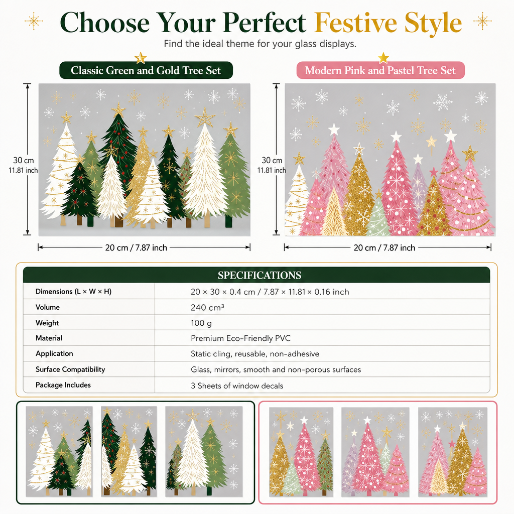 Green gold and pink Christmas window cling styles