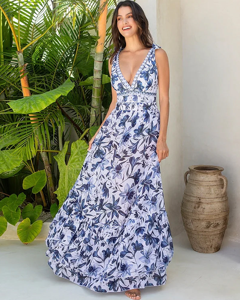 🩱V Neck Lace Up Printed One Piece Swimsuit and Skirt