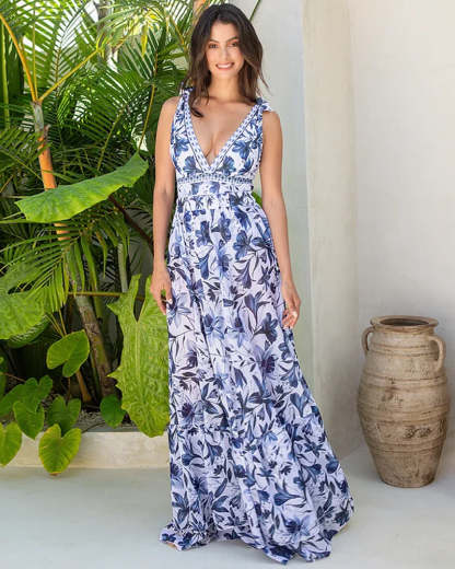 🩱V Neck Lace Up Printed One Piece Swimsuit and Skirt