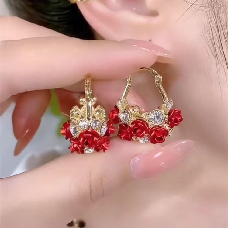 Women's Blossoming Flower Basket Red Rose Earrings