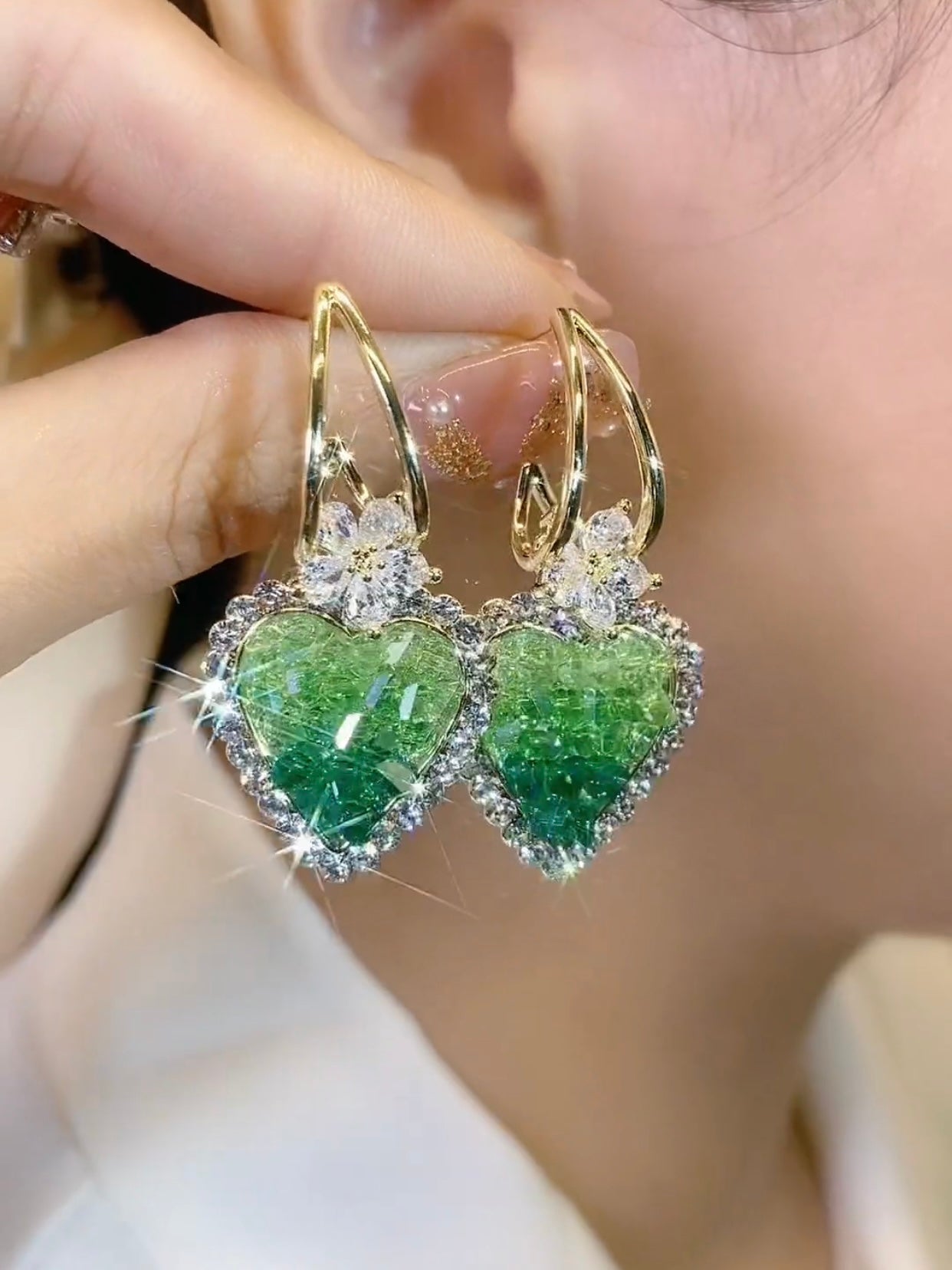 Green Crystal Heart Earrings