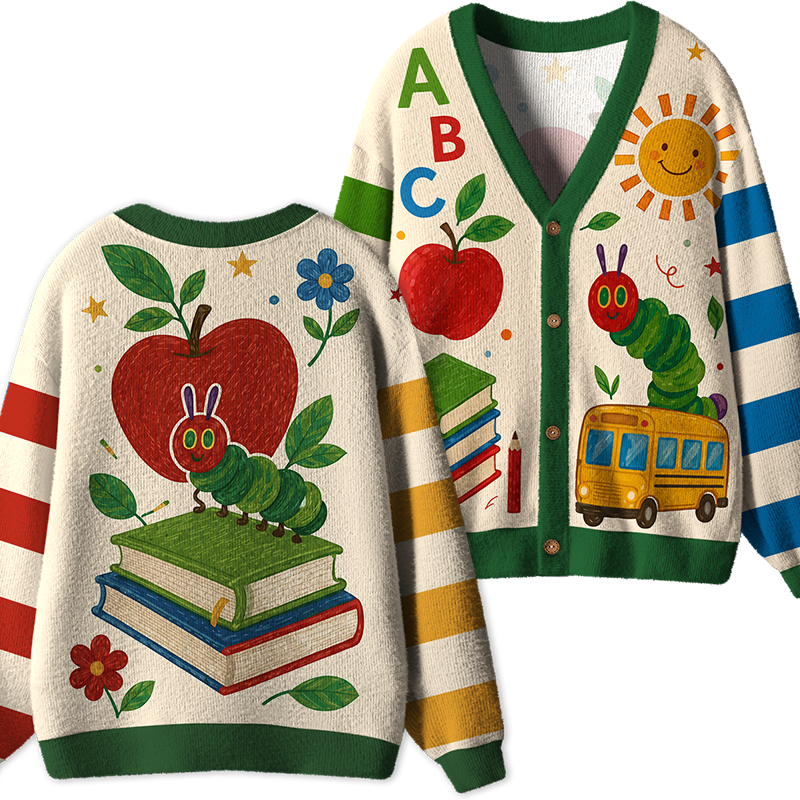 Caterpillar Reading Books Teacher Ugly Cardigan Sweaters