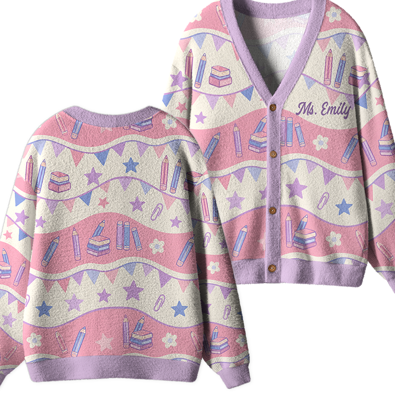 Personalized Name Book Pencil Bunting Floral Graphic Teacher Ugly Cardigan Sweaters