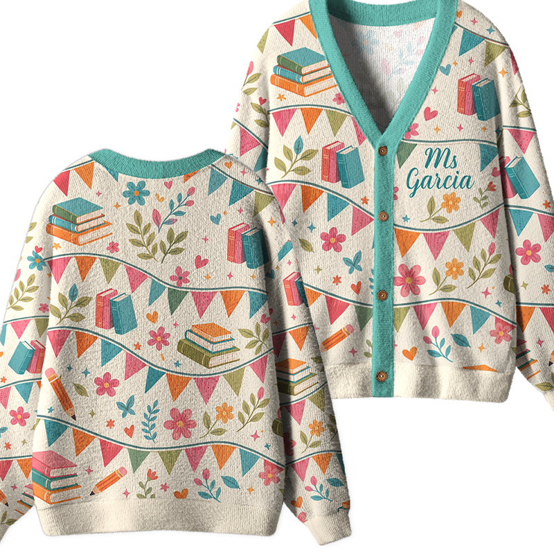 Personalized Name Book Pencil Bunting Floral Graphic Teacher Ugly Cardigan Sweaters