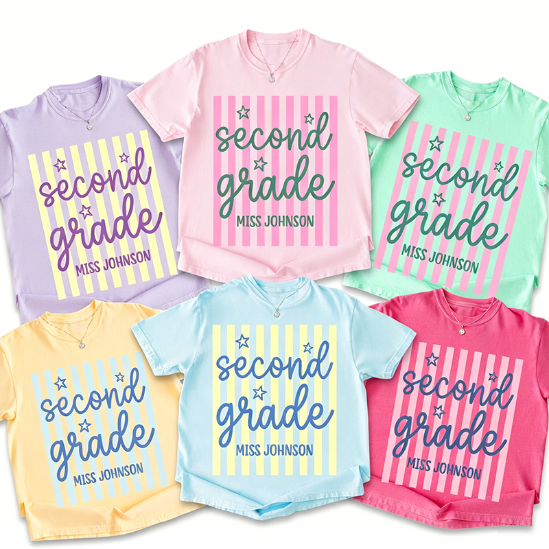 Personalized Grade Blue Gingham Stripes Teacher T-Shirt