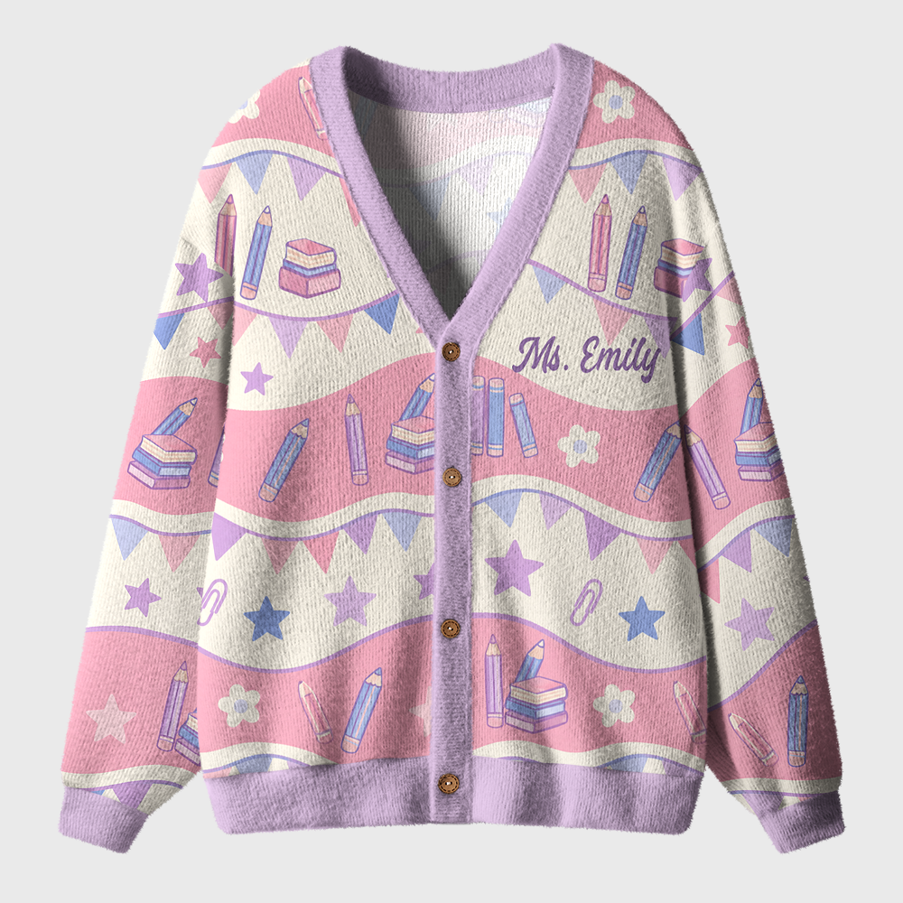 Personalized Name Book Pencil Bunting Floral Graphic Teacher Ugly Cardigan Sweaters