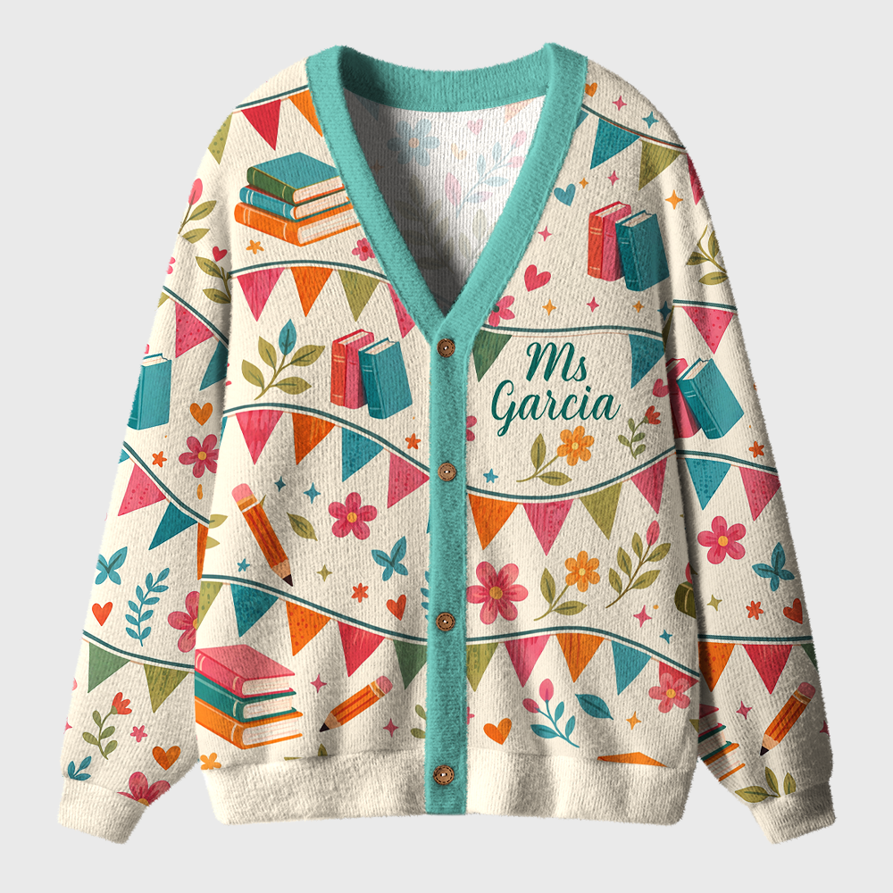 Personalized Name Book Pencil Bunting Floral Graphic Teacher Ugly Cardigan Sweaters