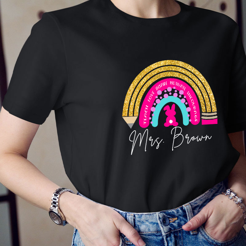 Personalized Name Easter Bunny Rainbow Teacher T-Shirt