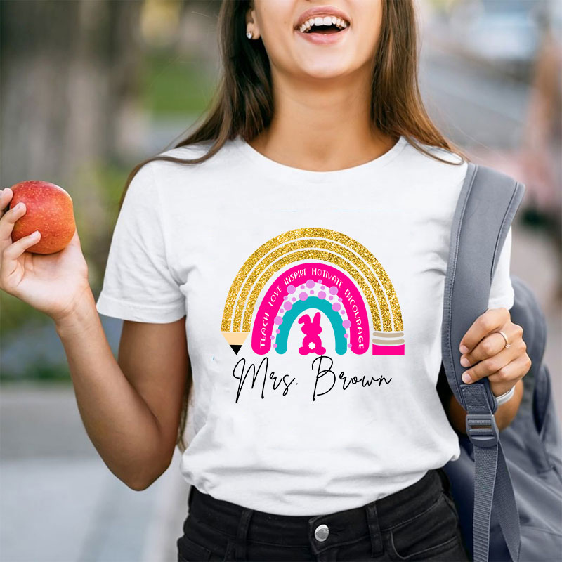 Personalized Name Easter Bunny Rainbow Teacher T-Shirt