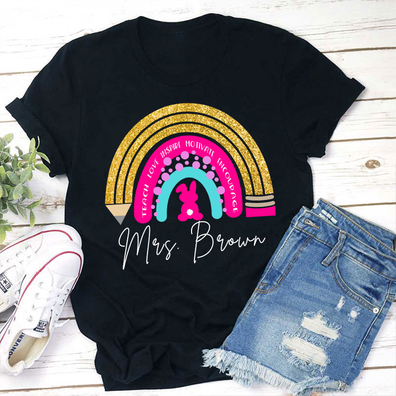 Personalized Name Easter Bunny Rainbow Teacher T-Shirt