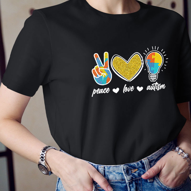 Peace Love Autism Autism Awareness Teacher T-Shirt