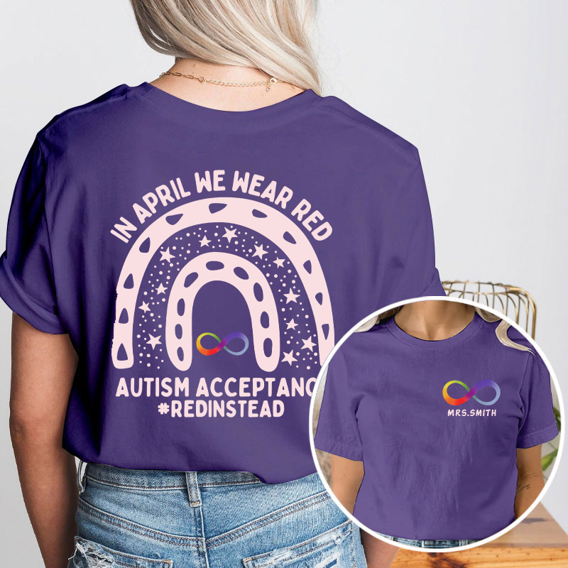 Personalized In April We Wear Red Teacher Two Sided T-Shirt