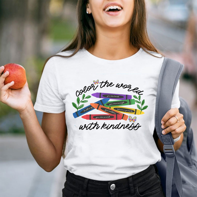Crayon Color The World With Kindness Teacher T-Shirt