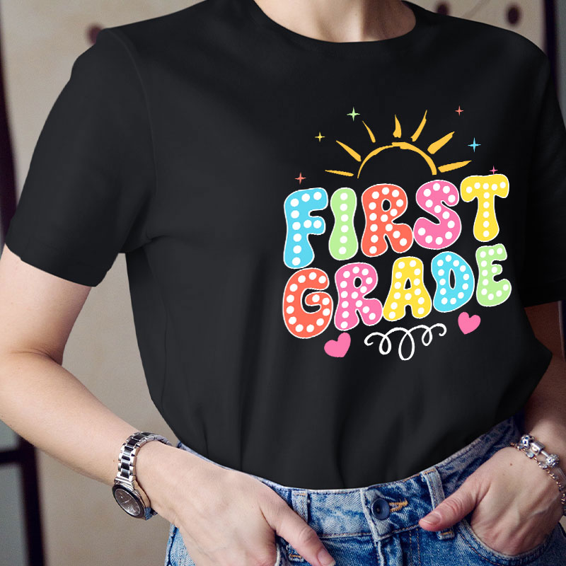 Personalized Neon Light And Sunshine Hello My Grade Teacher T-Shirt