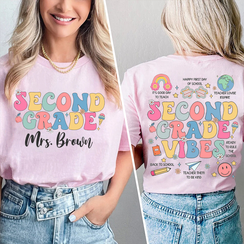 Personalized Teacher's Name And Grade Cute Icon Teacher Two Sided T-Shirt