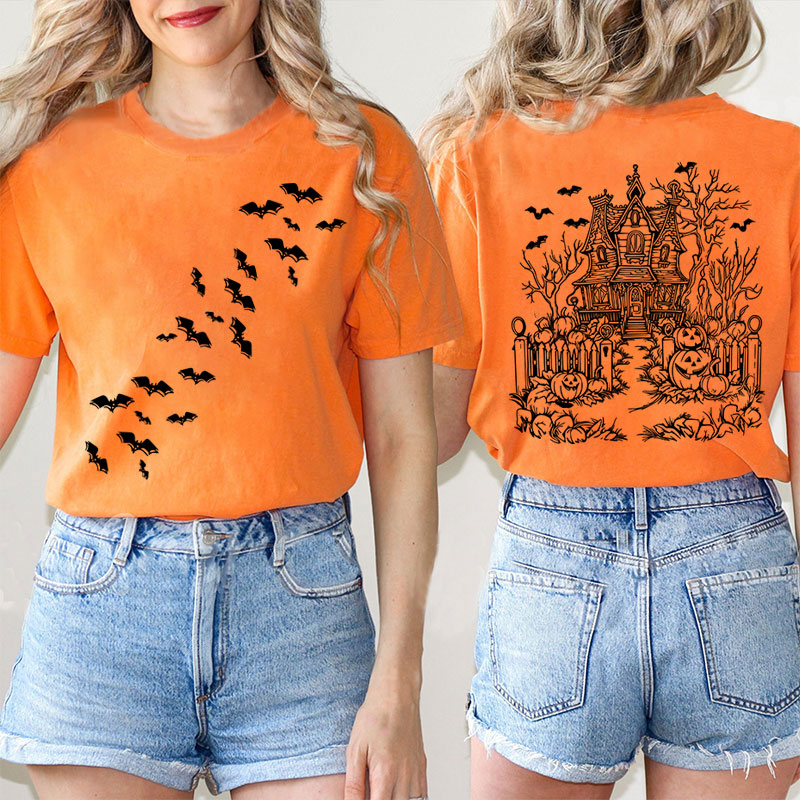 Bats Spooky Halloween Party Teacher Two Sided T-Shirt