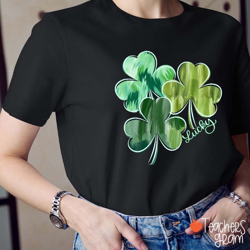 Watercolor Lucky Shamrock Teacher T-Shirt