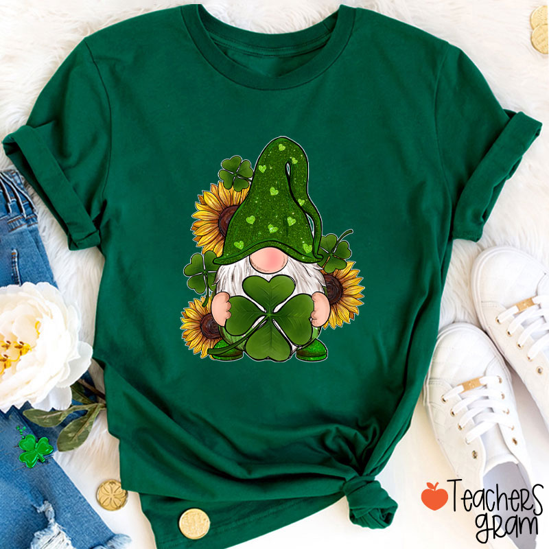 St. Patricks Day Gnome With Sunflowers Teacher T-Shirt Sale-Teachersgram