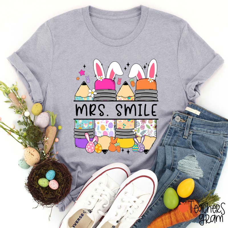 Personalized Name Bunny Pencil Teacher T-Shirt