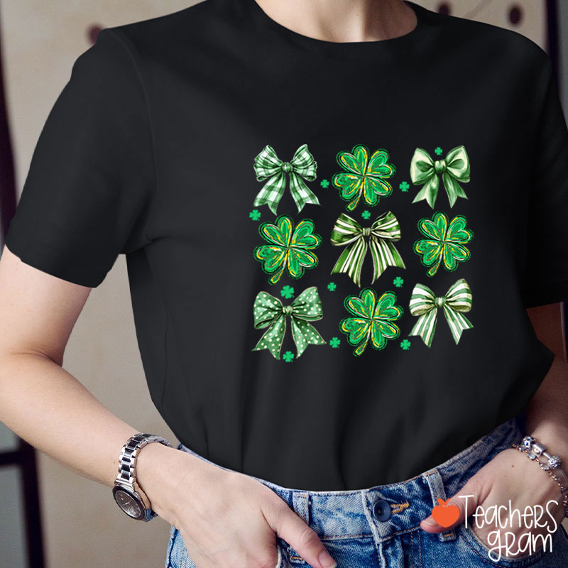 Four Leaf Clover Bow Teacher T-Shirt