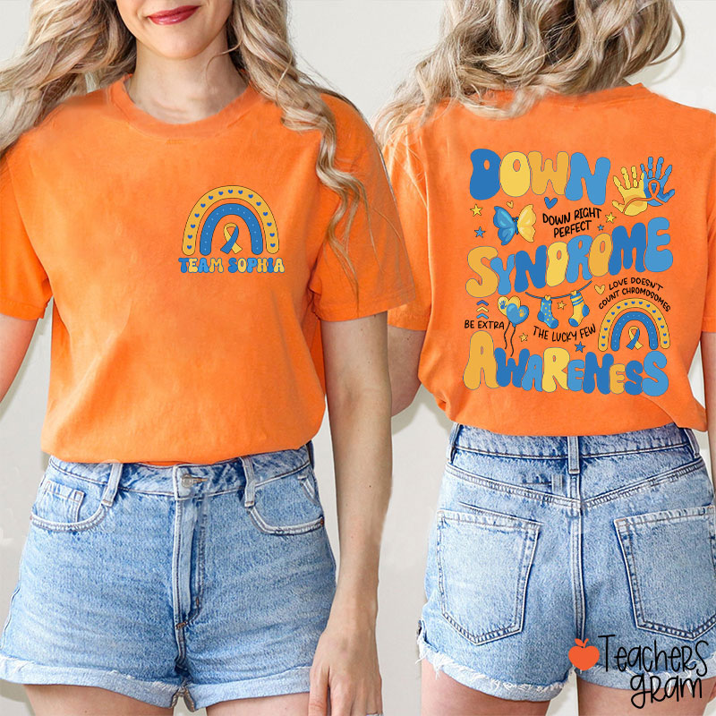 Personalized Name Down Syndrome Awareness Teacher Two Sided T-Shirt
