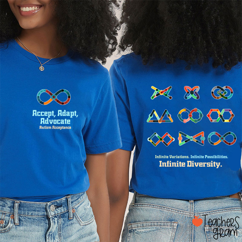 Accept Adapt Advocate Autism Acceptance Teacher Two Sided T-Shirt