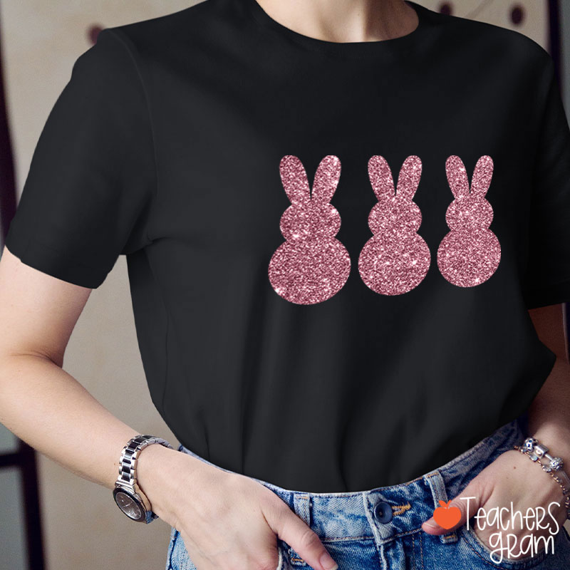 Three Glitter Cute Bunnies Teacher T-Shirt