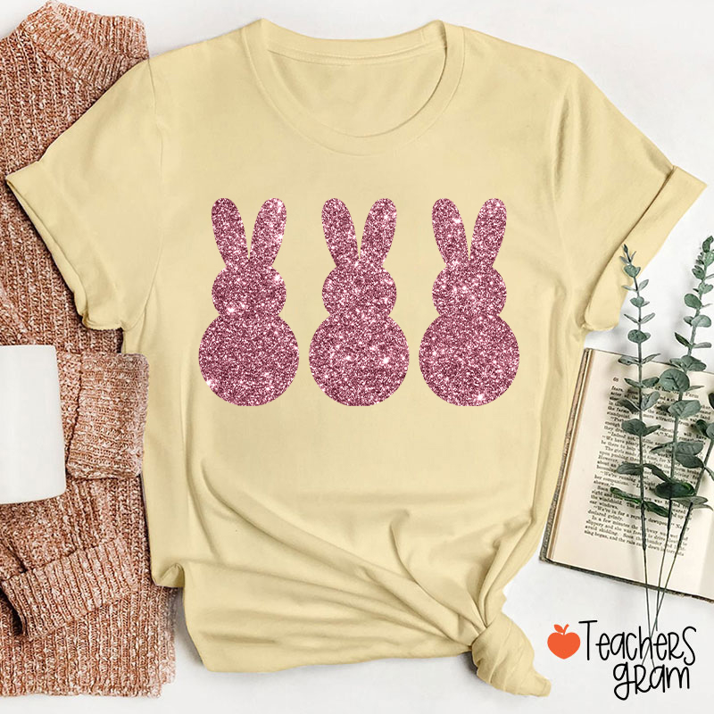 Three Glitter Cute Bunnies Teacher T-Shirt