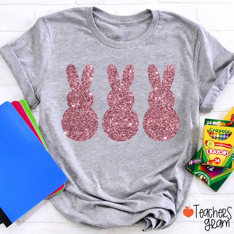 Three Glitter Cute Bunnies Teacher T-Shirt
