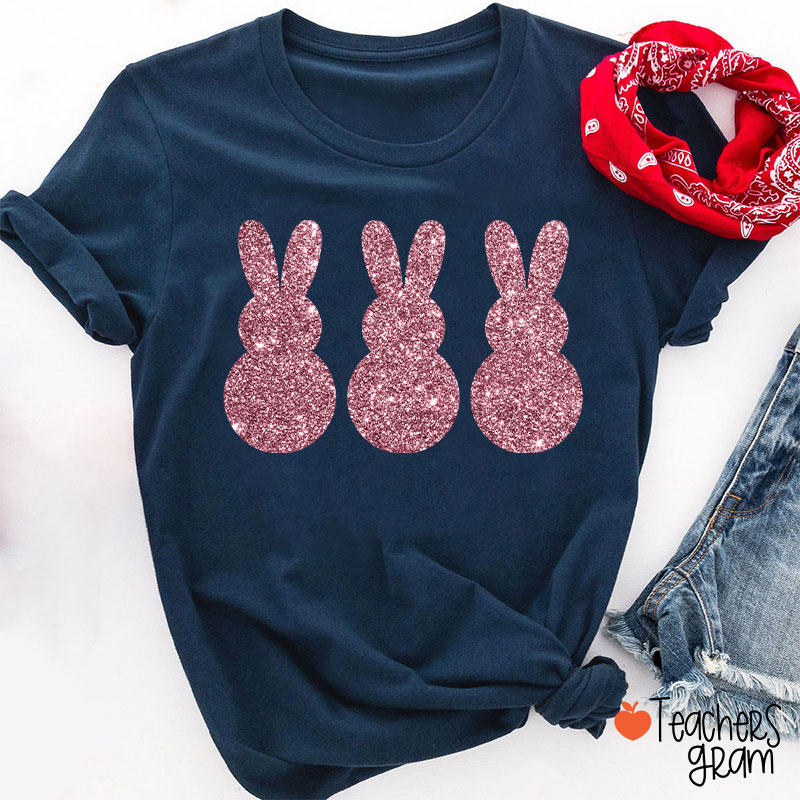 Three Glitter Cute Bunnies Teacher T-Shirt