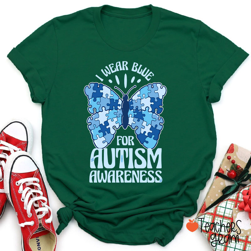 Butterfly Puzzle I Wear Blue For Autism Awareness Teacher T-Shirt