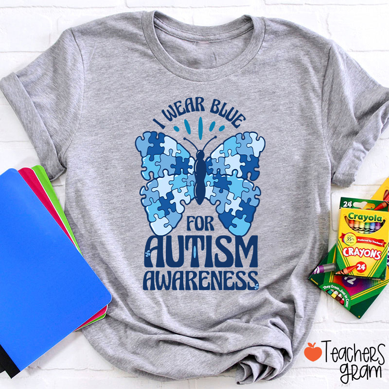 Butterfly Puzzle I Wear Blue For Autism Awareness Teacher T-Shirt