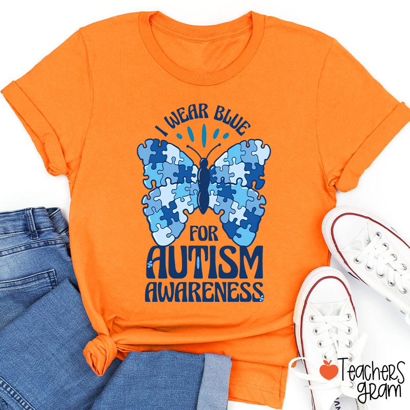 Butterfly Puzzle I Wear Blue For Autism Awareness Teacher T-Shirt