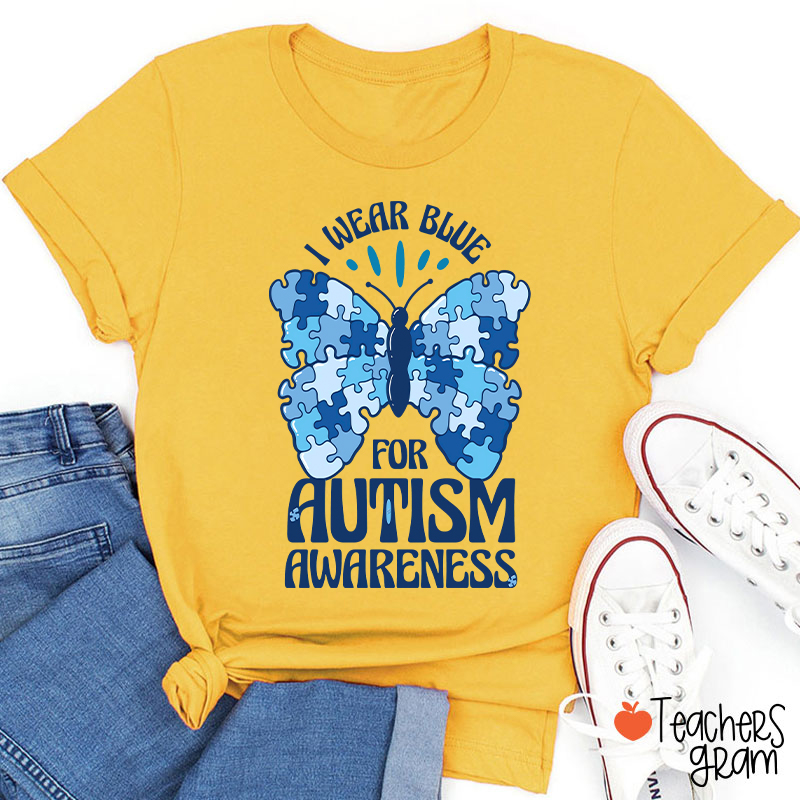 Butterfly Puzzle I Wear Blue For Autism Awareness Teacher T-Shirt