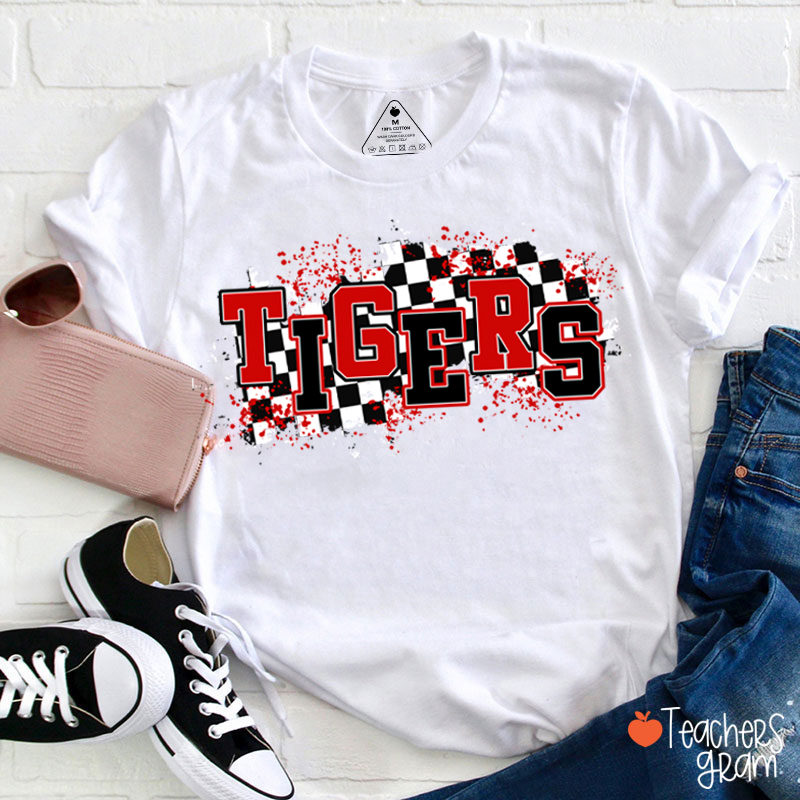 Personalized Mascot School Spirit Checkered Print Teacher T-Shirt
