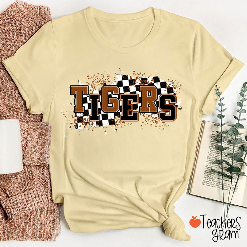 Personalized Mascot School Spirit Checkered Print Teacher T-Shirt