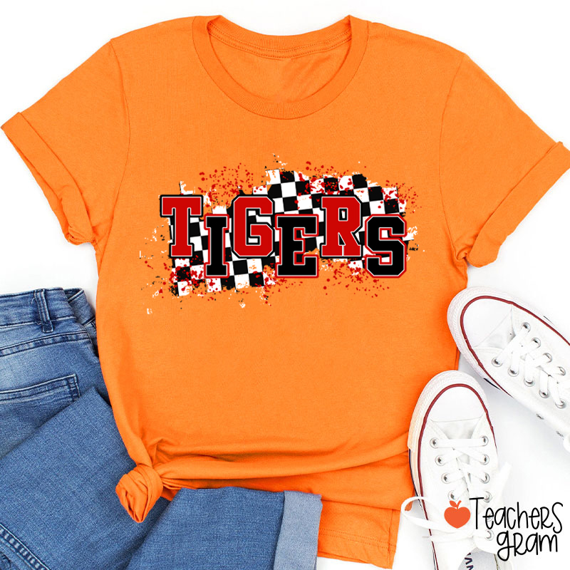 Personalized Mascot School Spirit Checkered Print Teacher T-Shirt