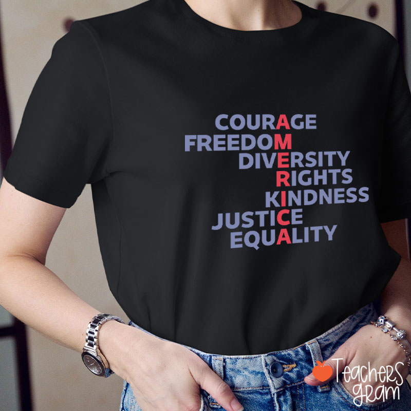 Courage Freedom Diversity Right Kindness Justice Equality America Teacher T-Shirt