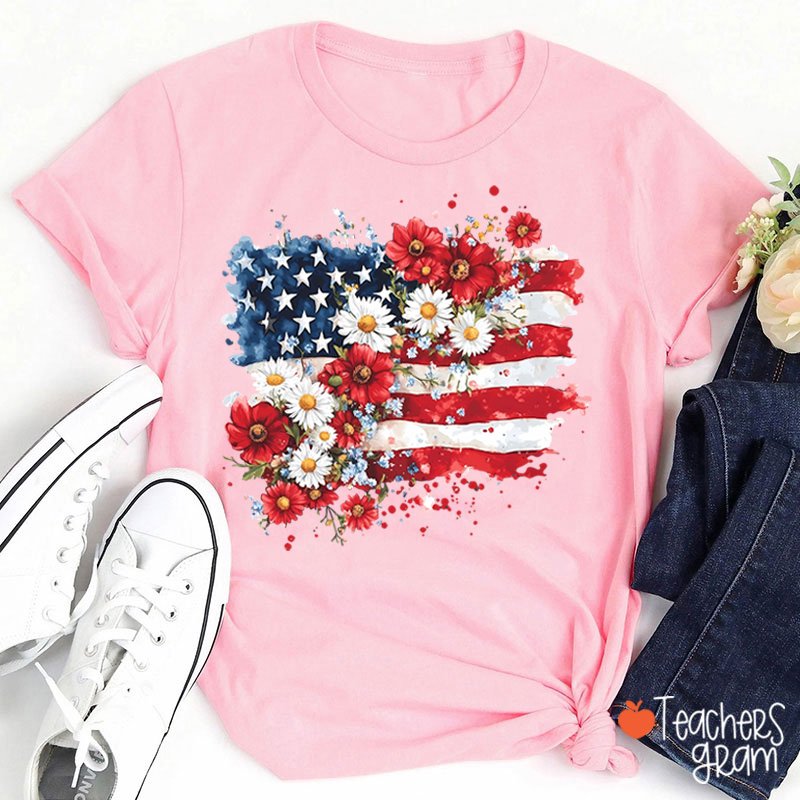 Flower National Flag Teacher T-Shirt