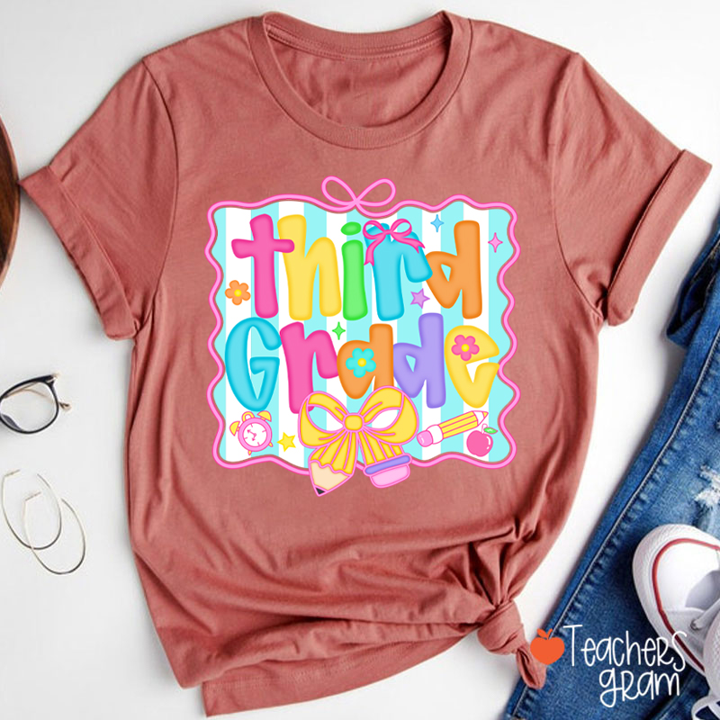 Personalized Grade Bow Tie Board Teacher T-Shirt