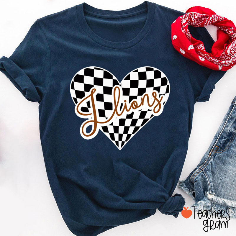 Personalized  Mascot Checkerboard Love Heart Teacher T-Shirt