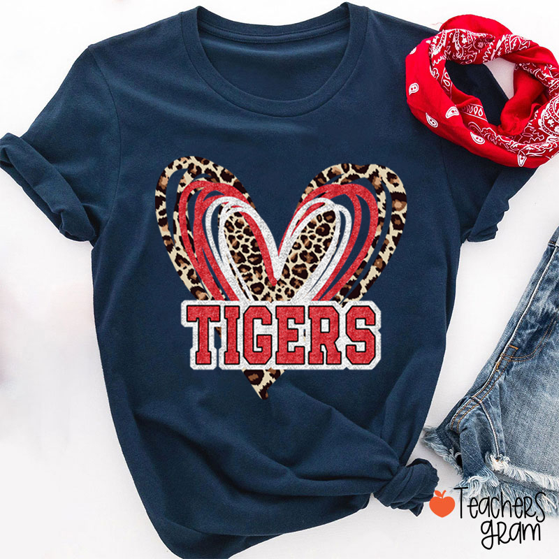Personalized Mascot Love Heart Leopard Teacher T-Shirt