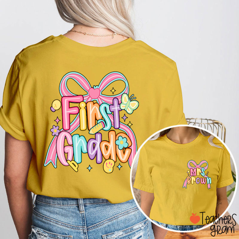 Personalized Name And Grade Pink Bow Teacher Two Sided T-Shirt