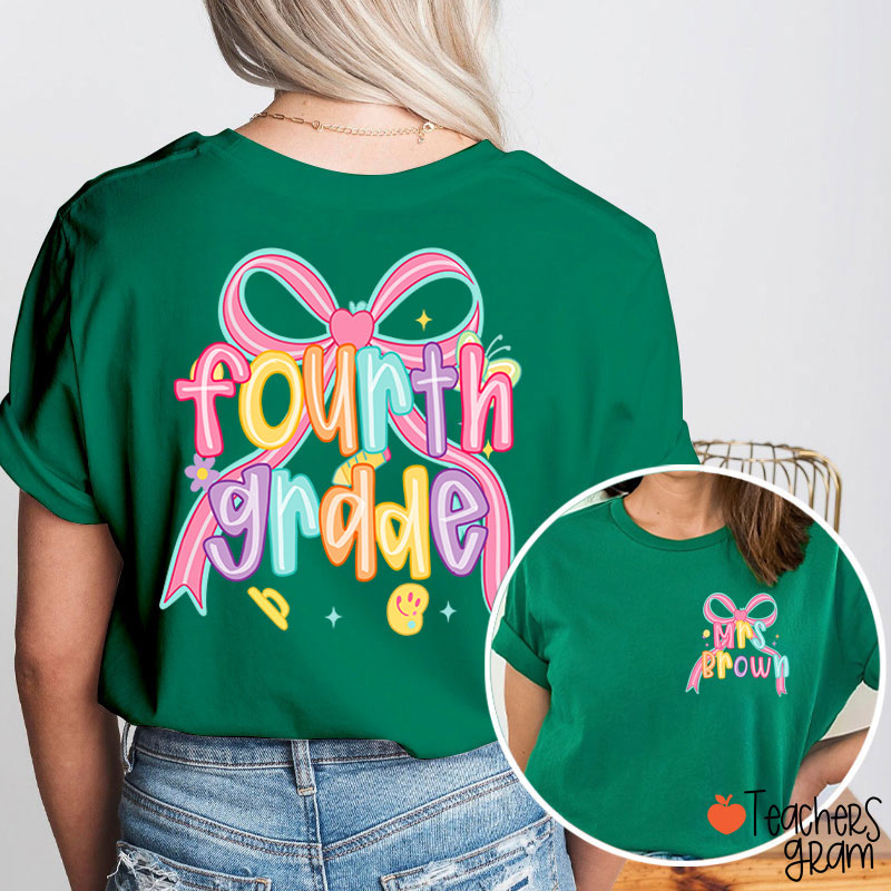 Personalized Name And Grade Pink Bow Teacher Two Sided T-Shirt
