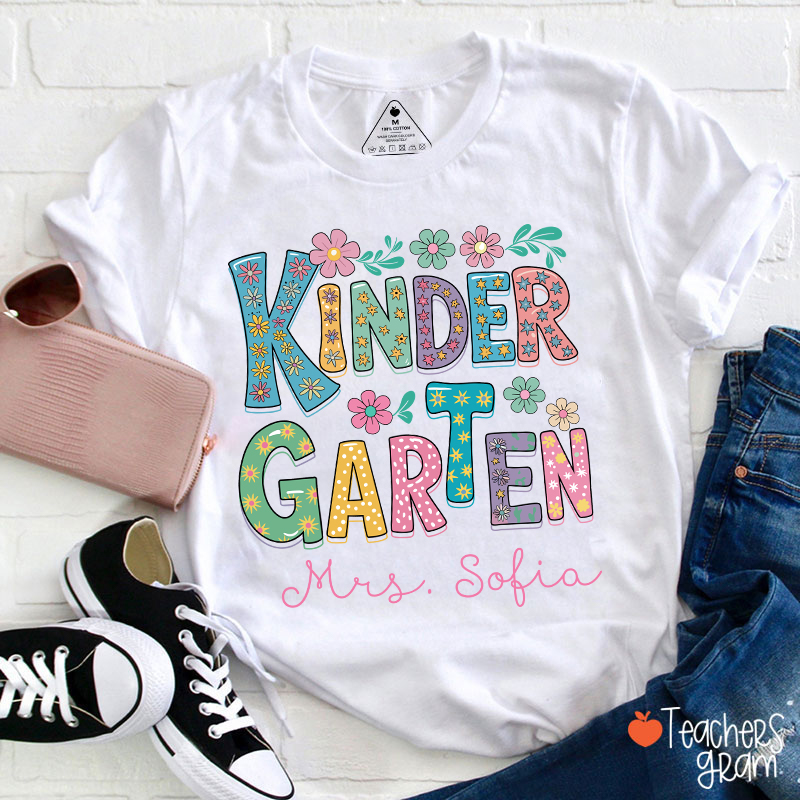 Personalized Name And Grade Flowers Fonts Teacher T-Shirt