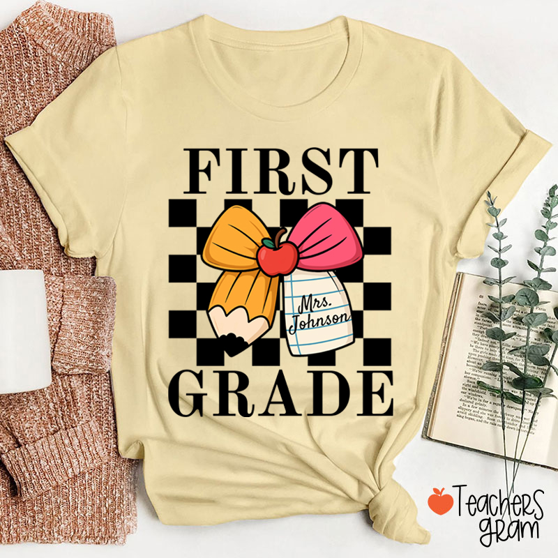 Personalized Grade And Name Pencil Bow Checkered Teacher T-Shirt