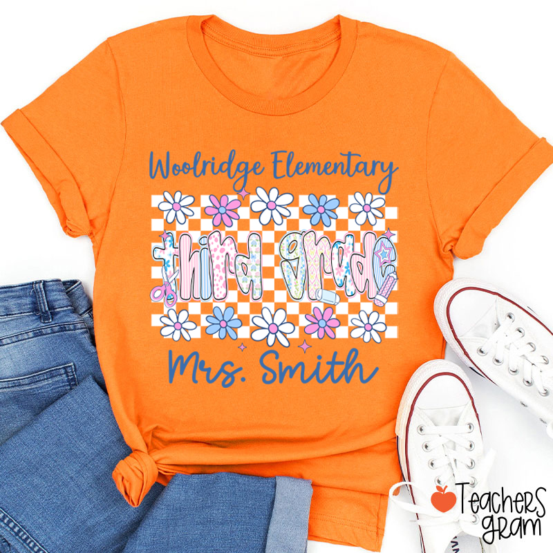 Personalized Name Grade And School Name Checkered Flowers Teacher T-Shirt