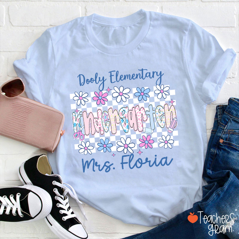 Personalized Name Grade And School Name Checkered Flowers Teacher T-Shirt