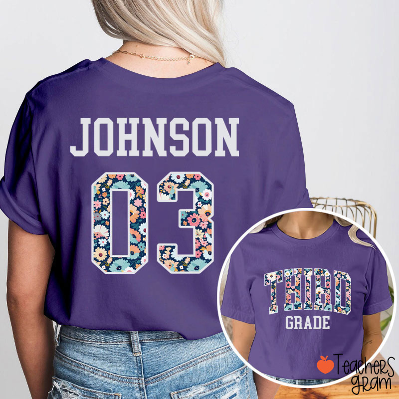 Personalized Grade And Name Floral Fonts Teacher Two Sided T-Shirt